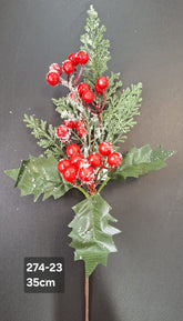 Crenguță artificială de Crăciun cu bobițe roșii și zăpadă artificială – 35cm 10/set